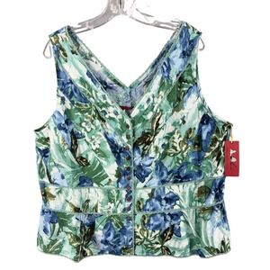 NWT Tapemeasure Floral Linen Top 22W Blue‎ Green V-Neck Crochet Lace Button Up